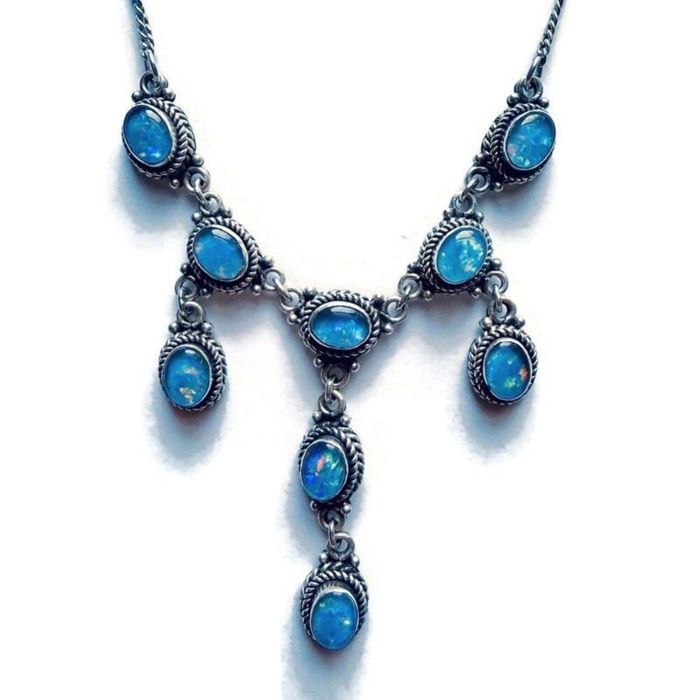 Vintage Sterling Silver Balinese Fire Opal Necklace Chandelier / Edwardian Style